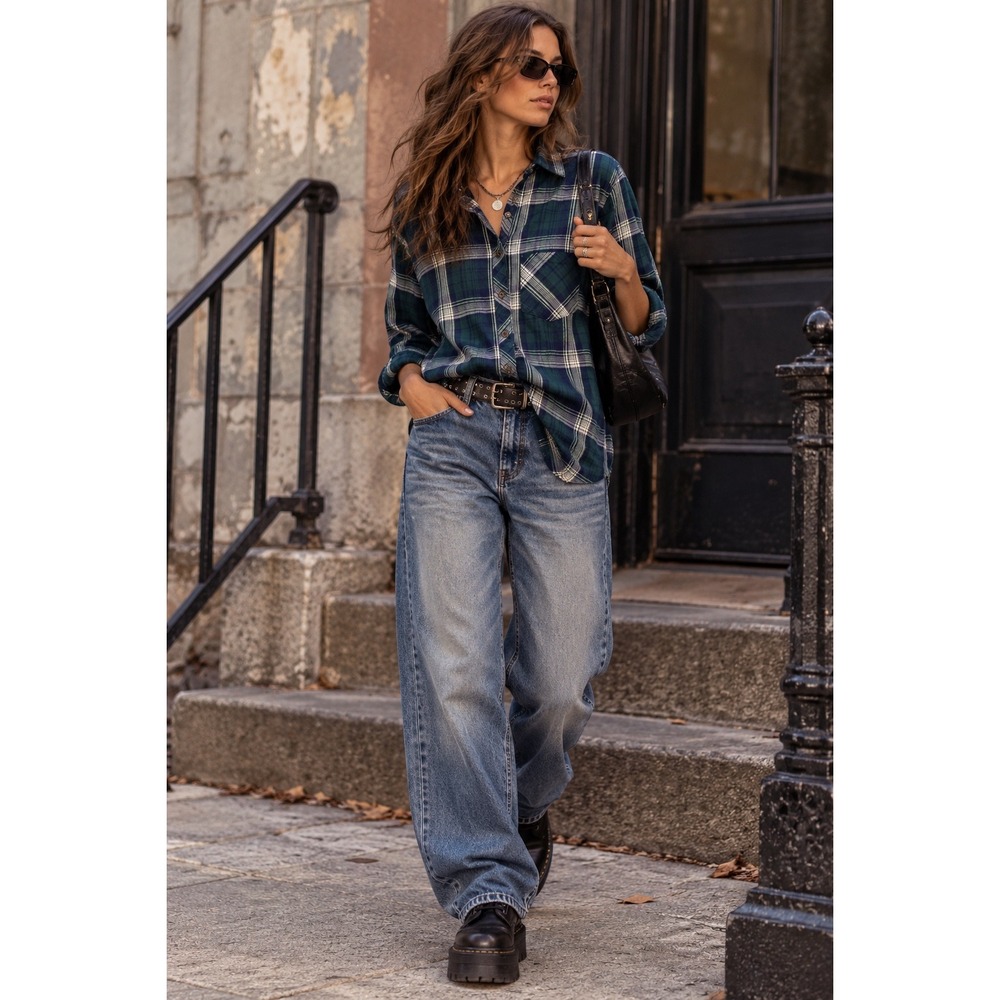 Blue Mountain Womens Green Plaid Flannel Shirt Cotton S 90s Grunge Cabincore